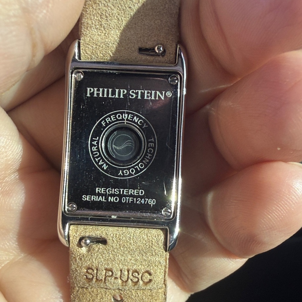 Philip Stein Silver-Tone Rectangular Case with Tan Leather Strap
